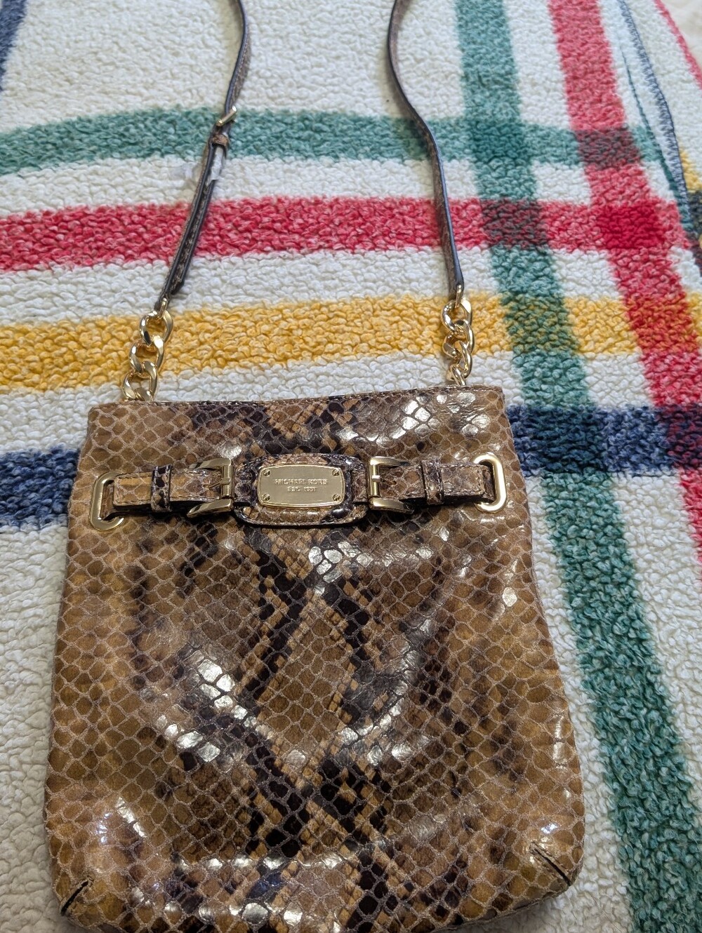 Michael Kors Tan Snake-Print Crossbody Bag with Gold Hardware